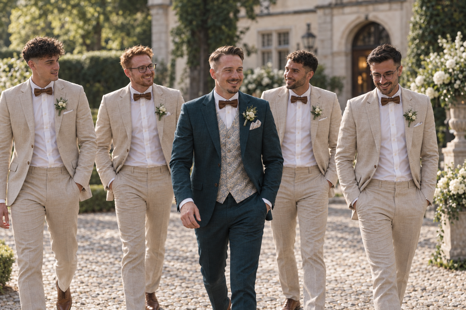 Bräutigam mit Groomsmen in Beige und Petrol – Anzugsmomente Böblingen